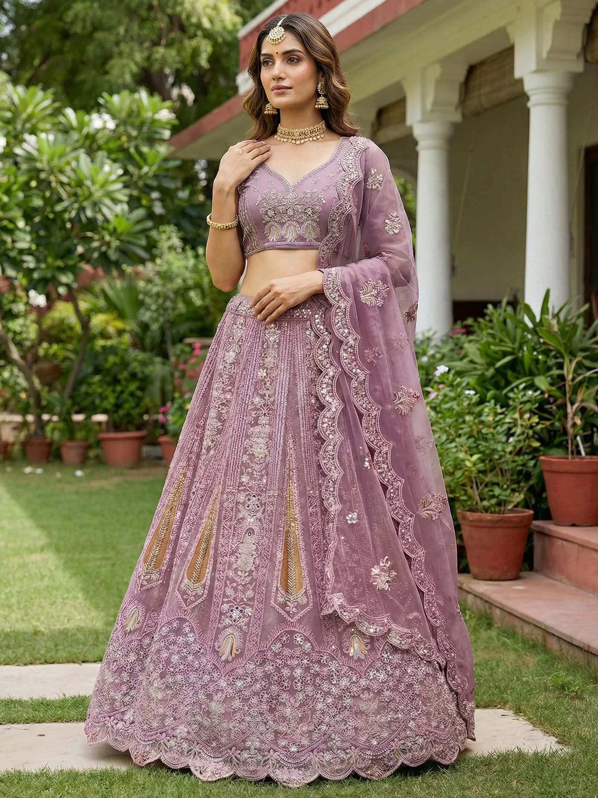 Stylish Pink Dori Embroidered Net Reception Wear Lehenga Choli