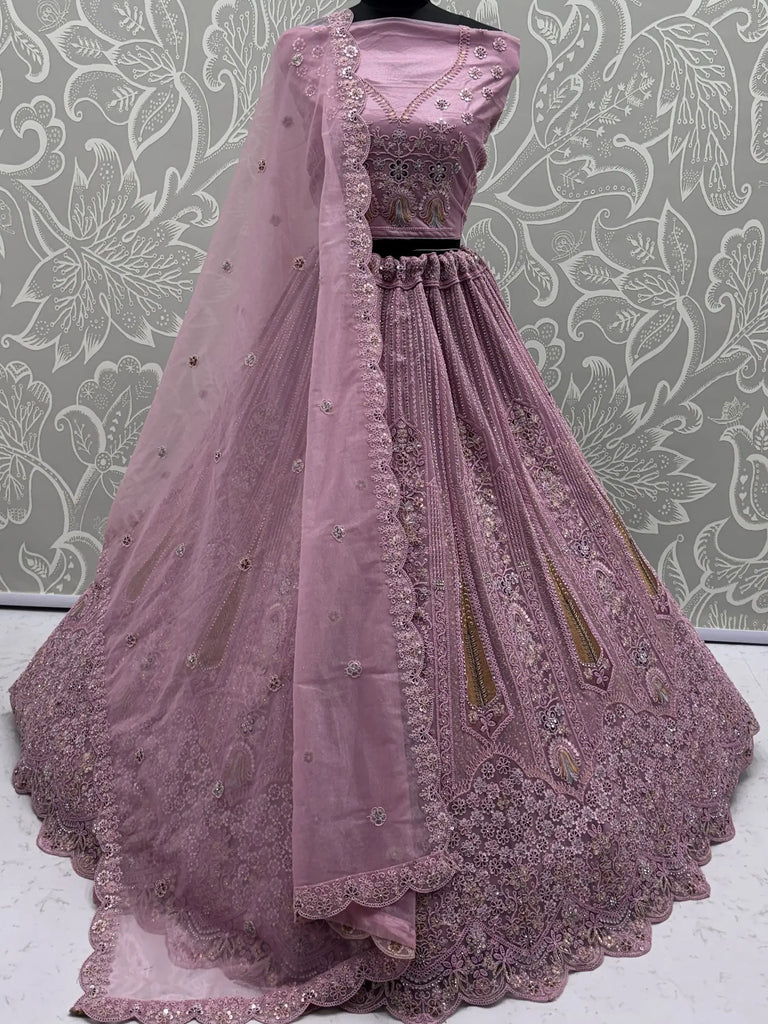 Stylish Pink Dori Embroidered Net Reception Wear Lehenga Choli