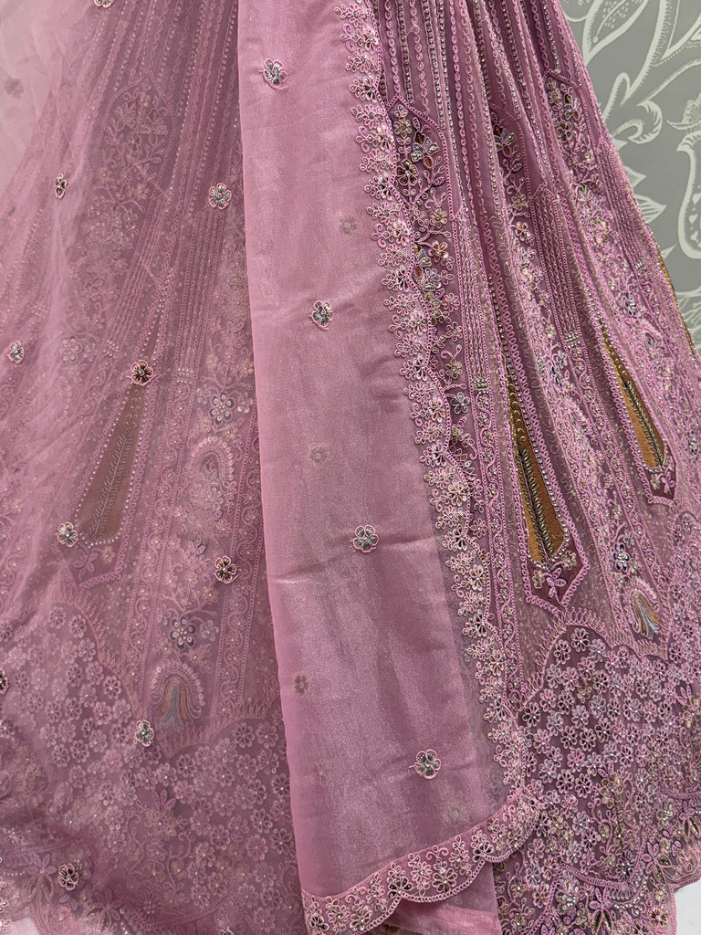 Stylish Pink Dori Embroidered Net Reception Wear Lehenga Choli