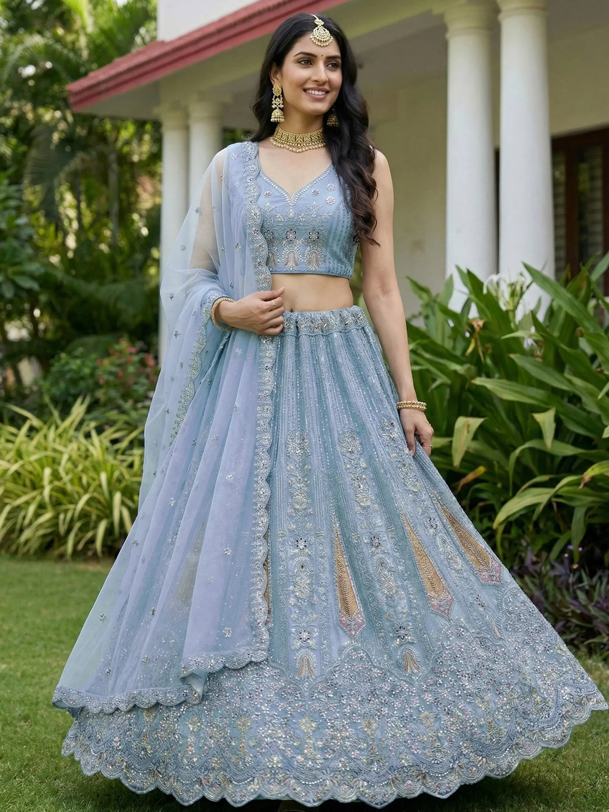 Attractive Blue Diamond Work Net Engagement Wear Lehenga Choli