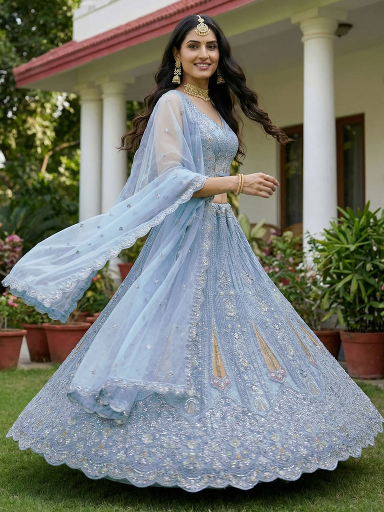 Attractive Blue Diamond Work Net Engagement Wear Lehenga Choli