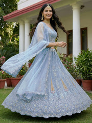 Attractive Blue Diamond Work Net Engagement Wear Lehenga Choli