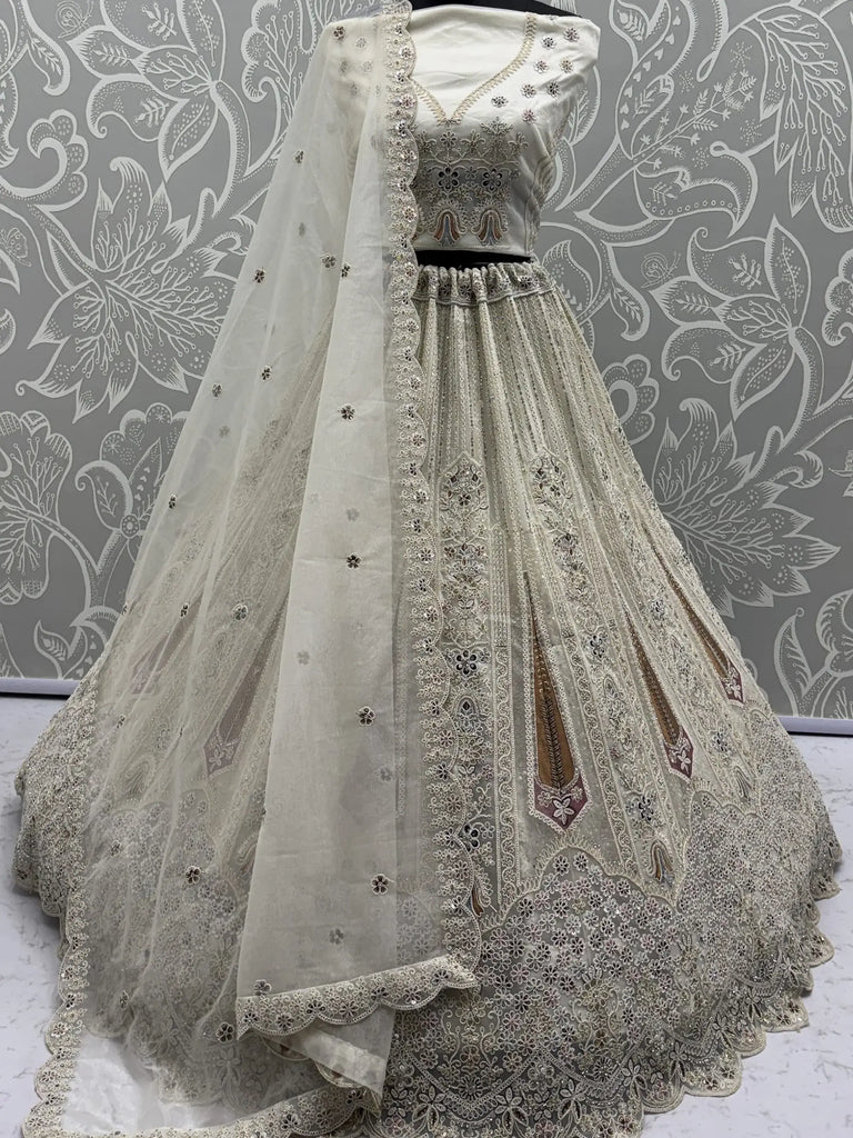Awesome White Diamond Work Net Reception Wear Lehenga Choli