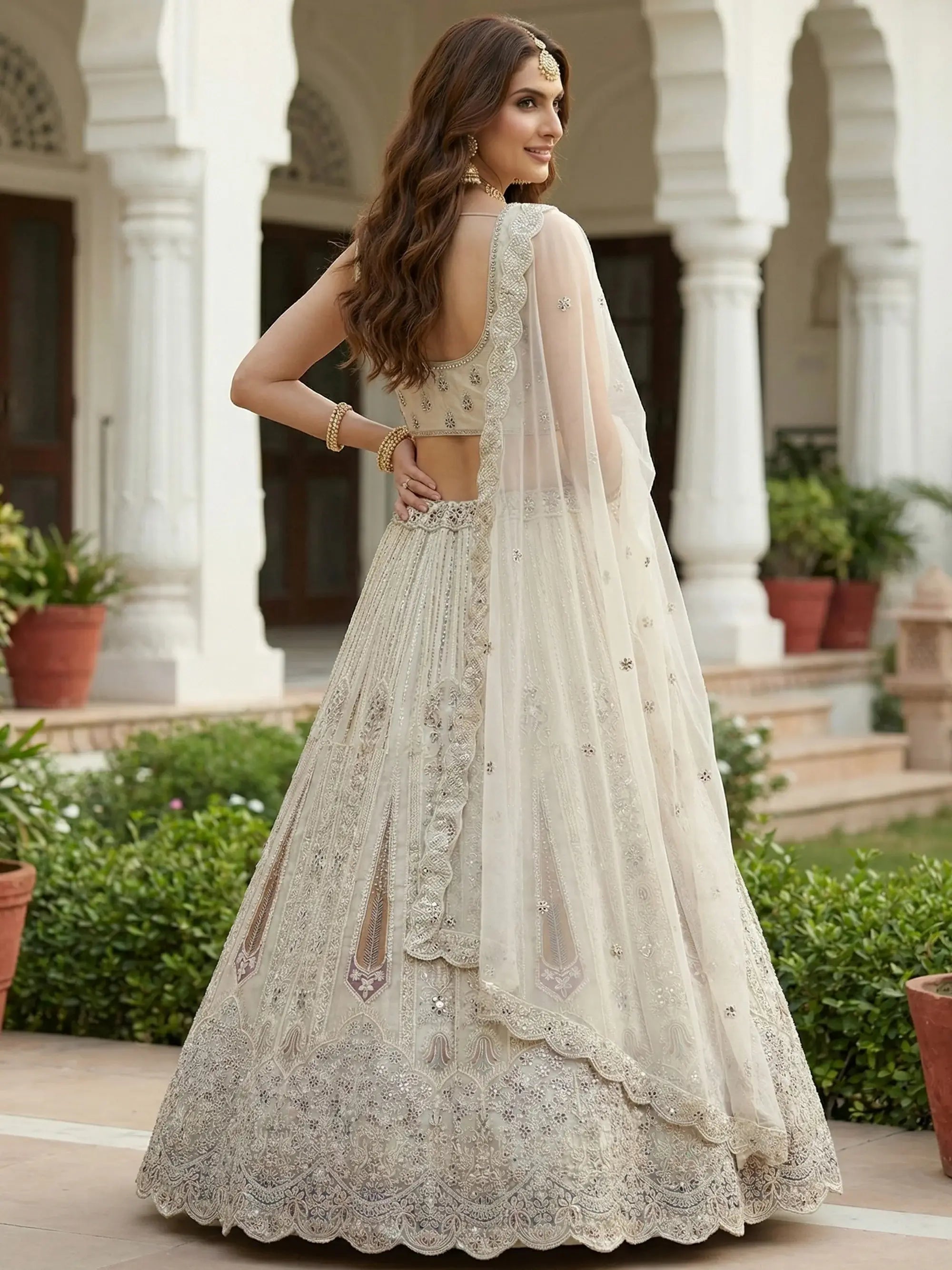 Awesome White Diamond Work Net Reception Wear Lehenga Choli