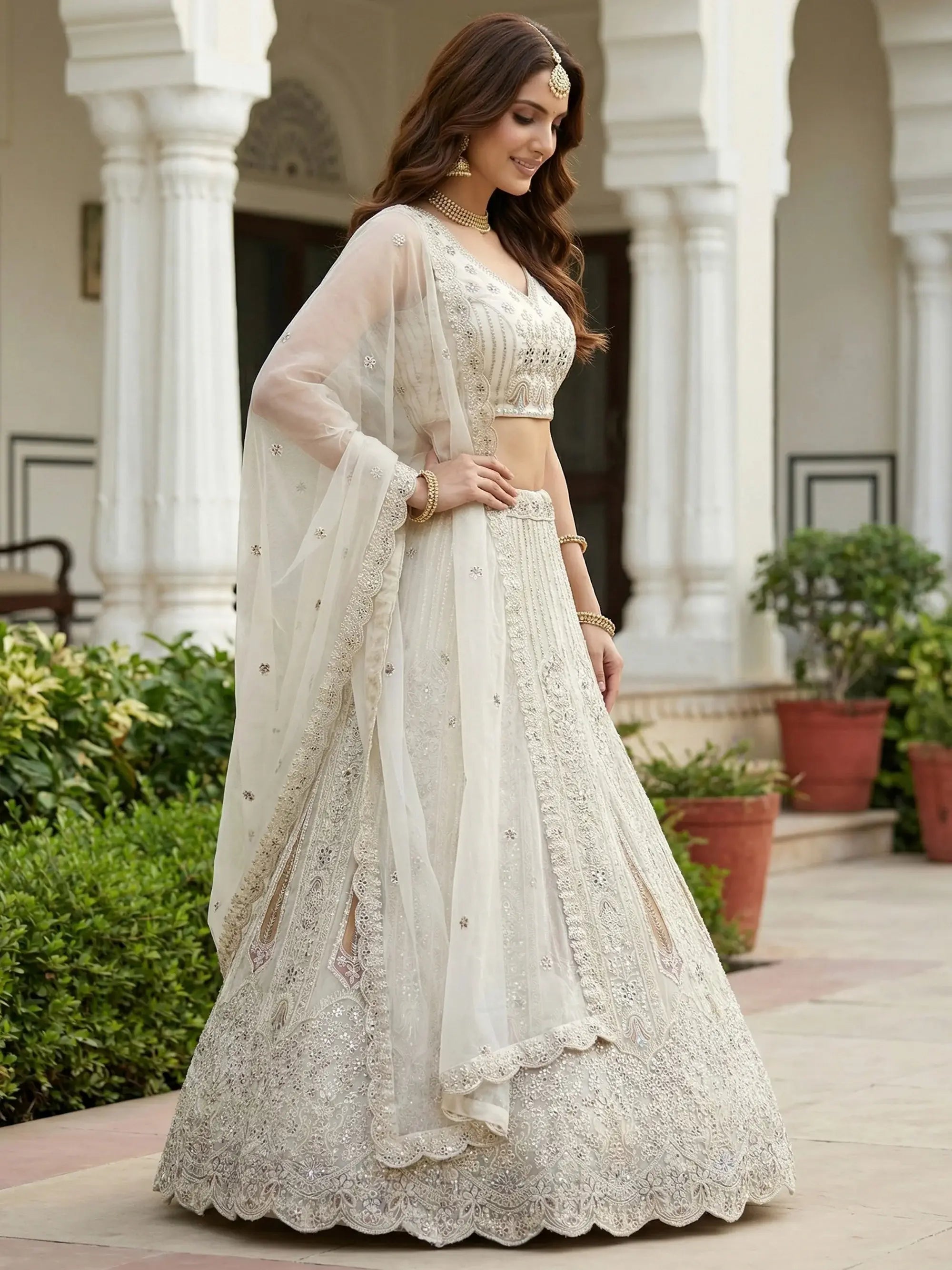 Awesome White Diamond Work Net Reception Wear Lehenga Choli