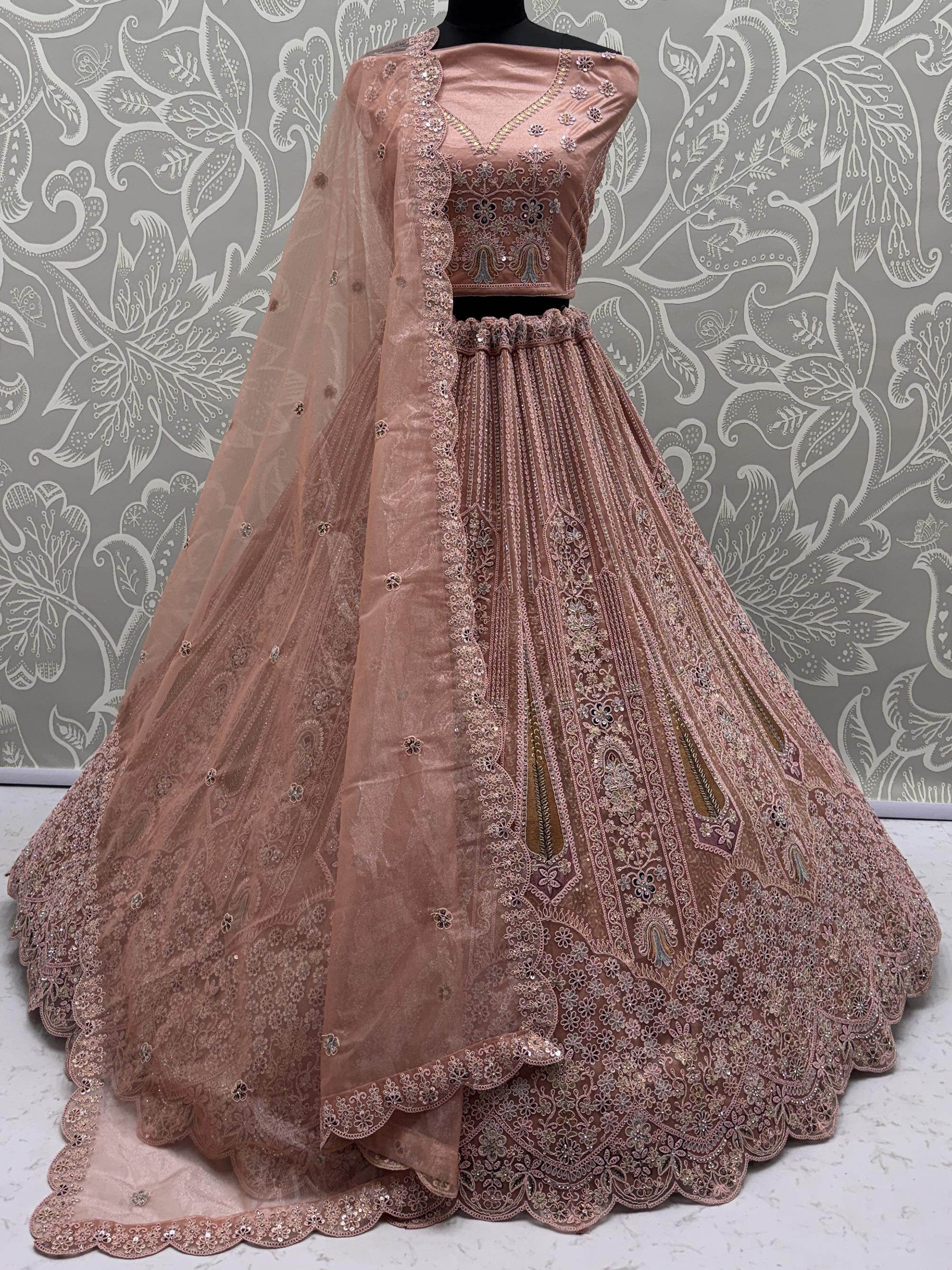 Glamorous Peach Dori Embroidered Net Wedding Wear Lehenga Choli