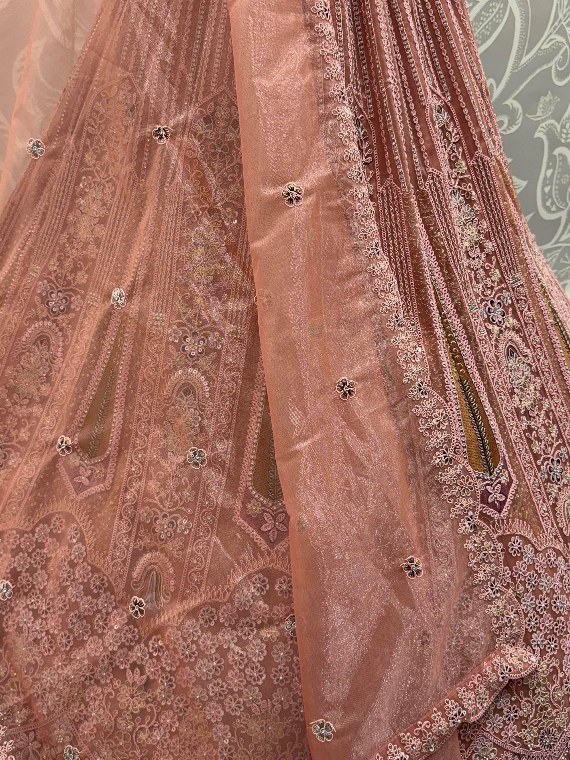 Glamorous Peach Dori Embroidered Net Wedding Wear Lehenga Choli