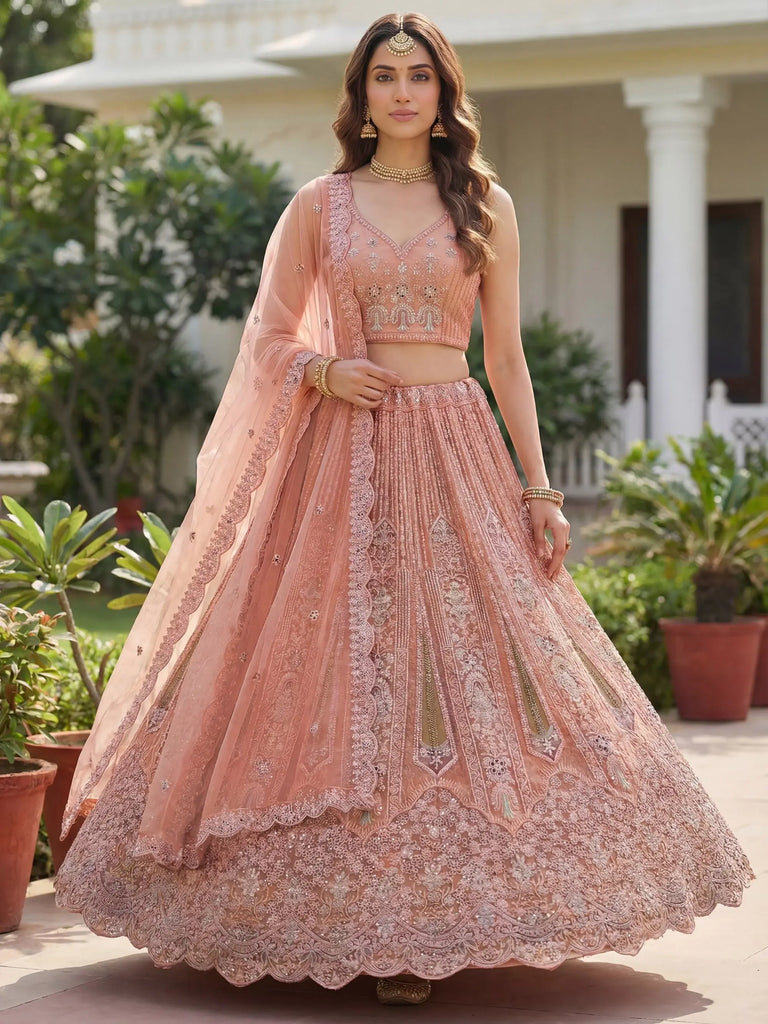 Glamorous Peach Dori Embroidered Net Wedding Wear Lehenga Choli