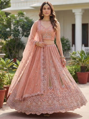 Glamorous Peach Dori Embroidered Net Wedding Wear Lehenga Choli