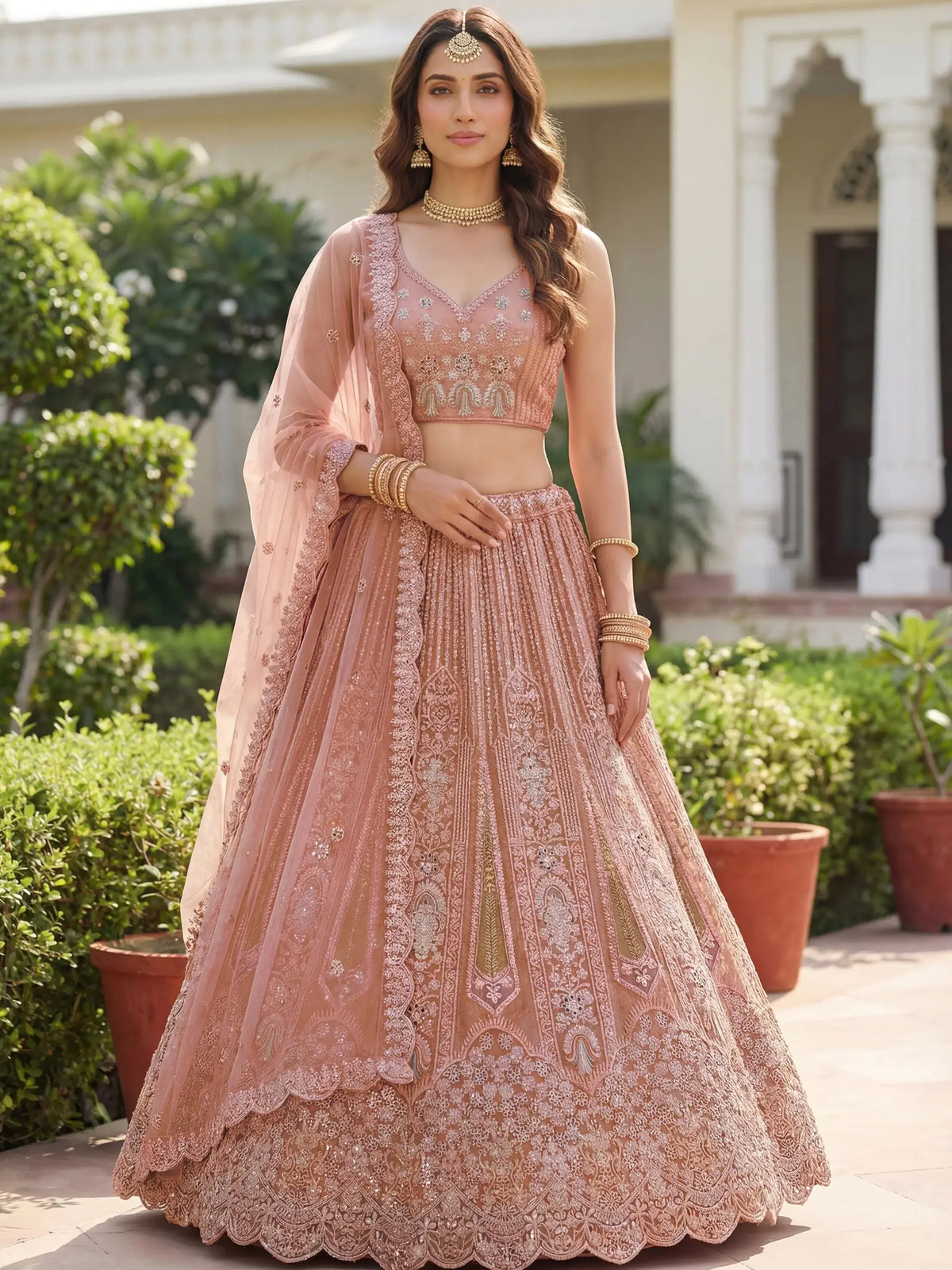 Glamorous Peach Dori Embroidered Net Wedding Wear Lehenga Choli
