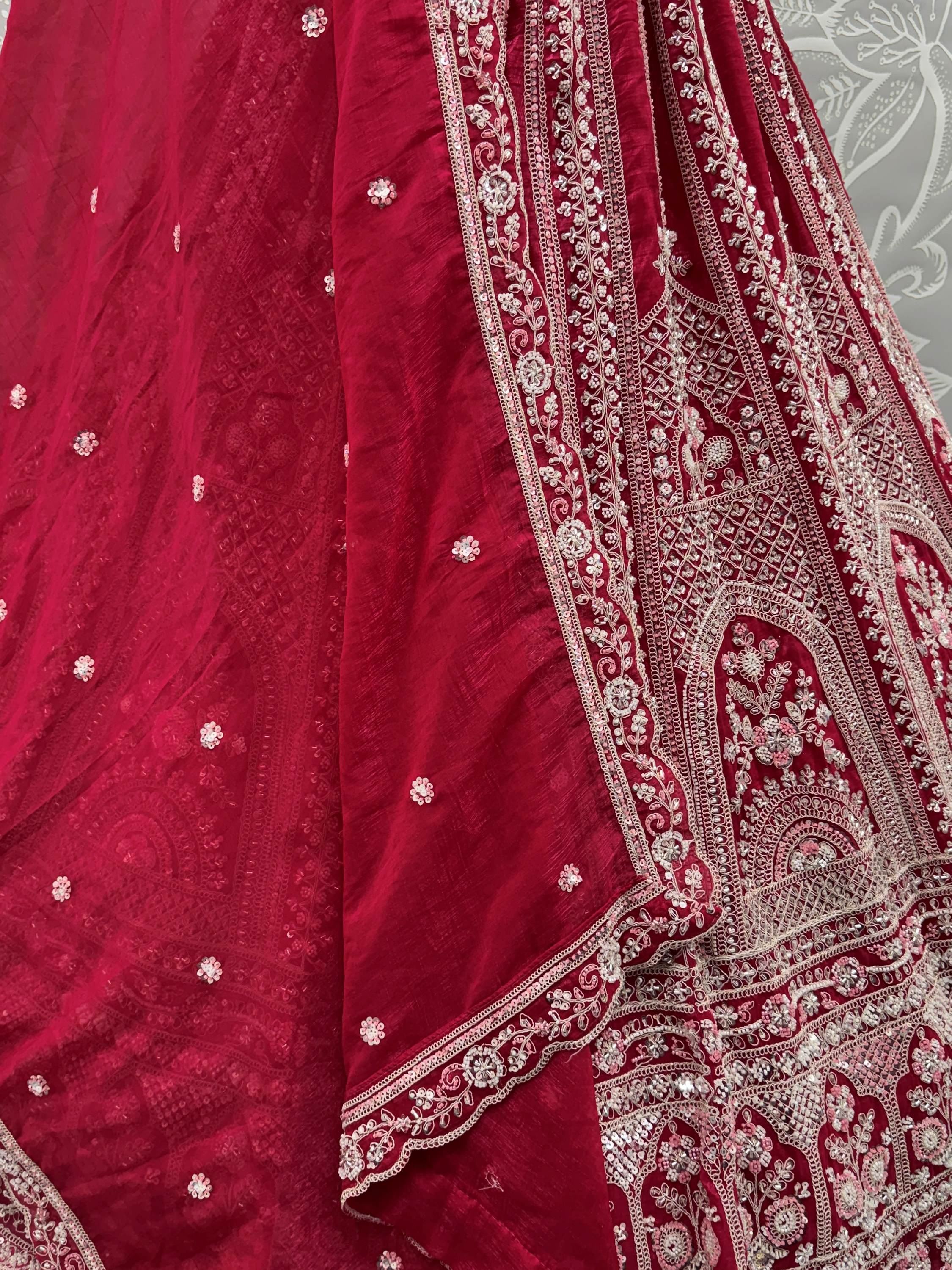 Alluring Red Dori Embroidered Satin Bridal Lehenga Choli