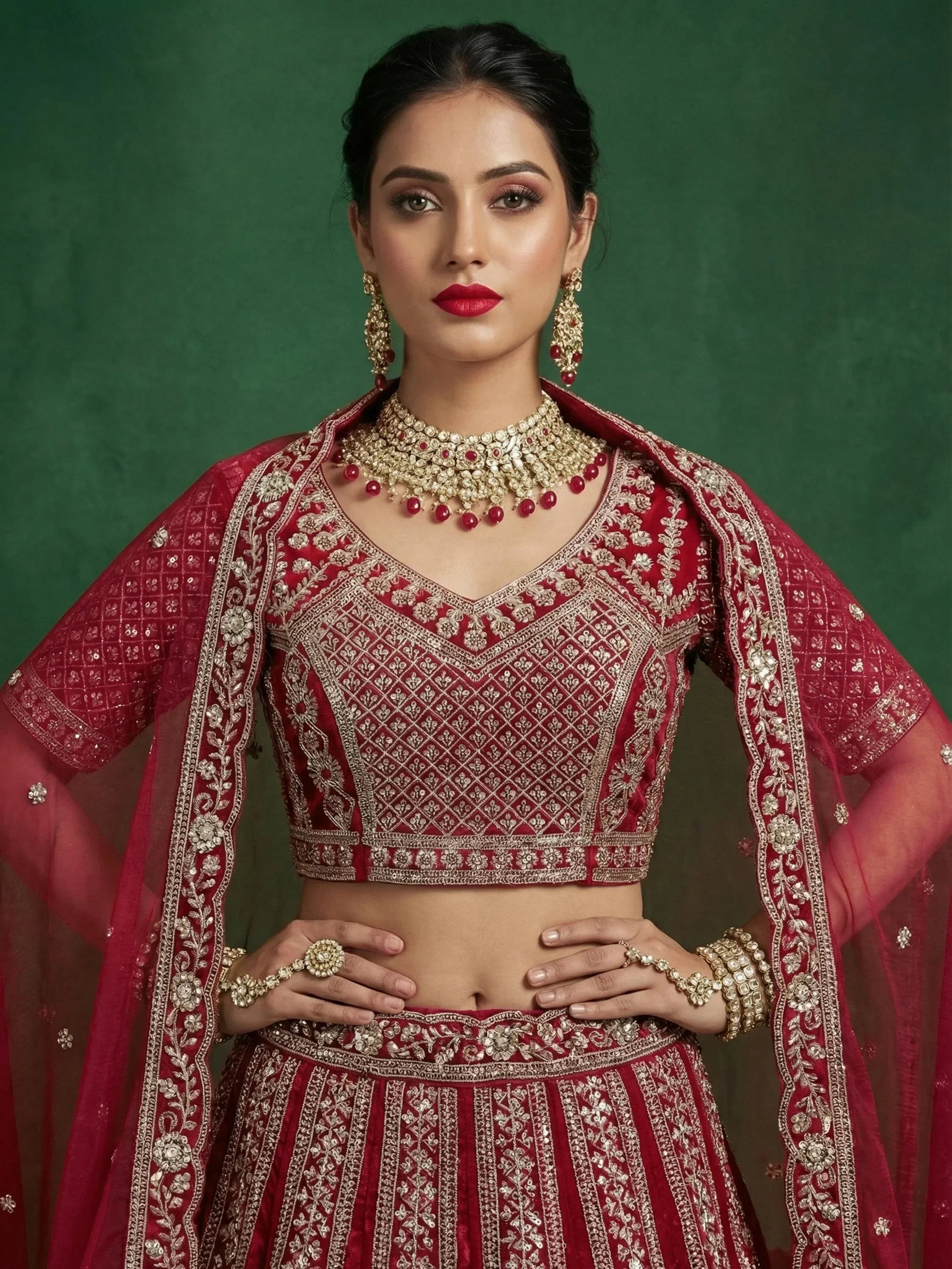 Alluring Red Dori Embroidered Satin Bridal Lehenga Choli