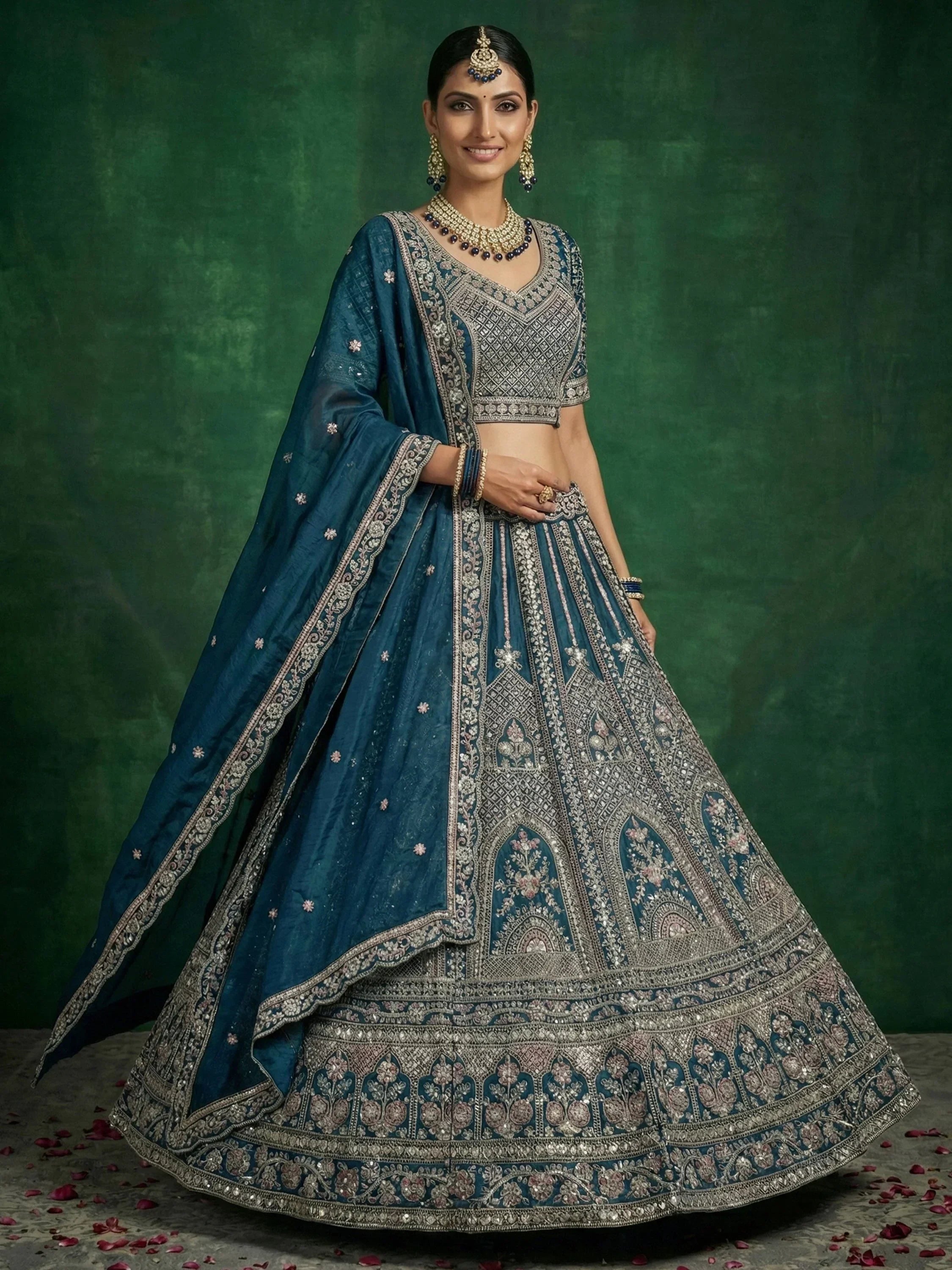 Charming Blue Sequins Embroidered Satin Wedding Wear Lehenga Choli