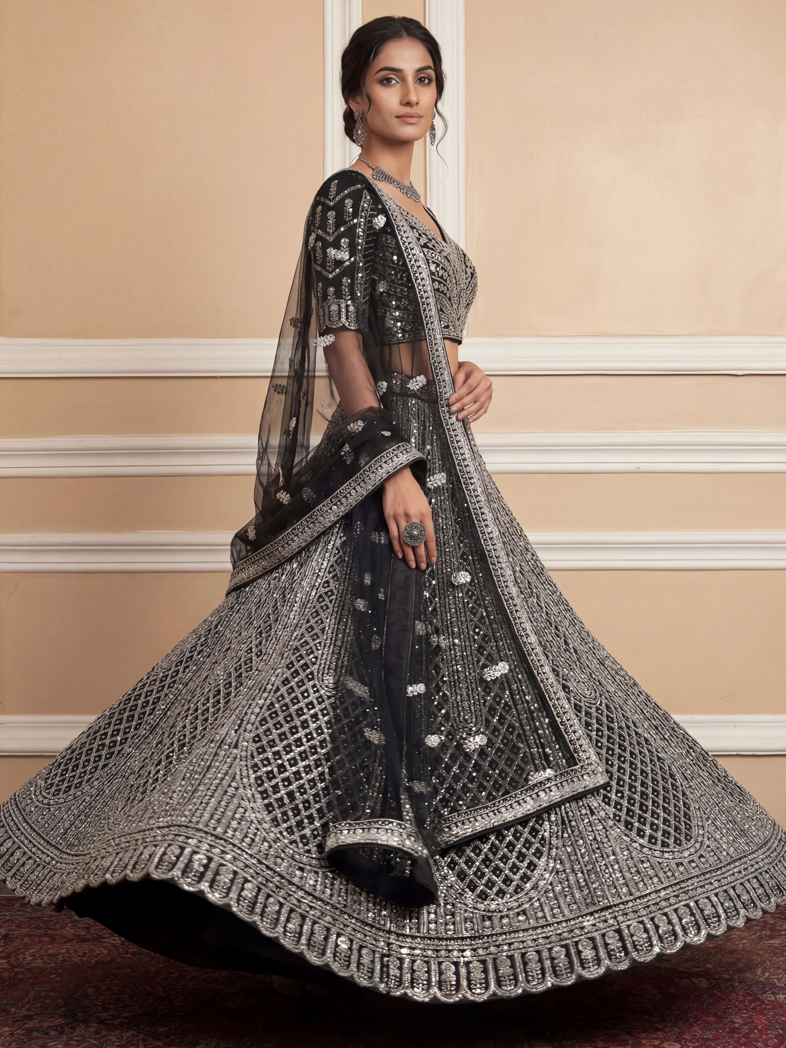 Glamorous Black Sequins Embroidered Net Wedding Wear Lehenga Choli 