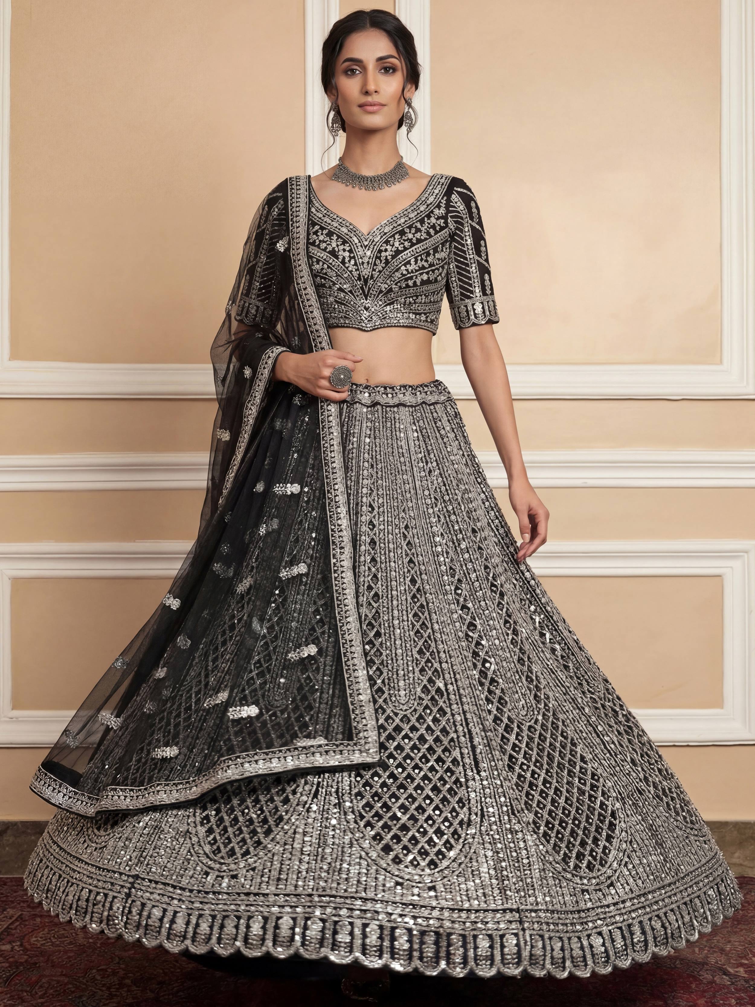 Glamorous Black Sequins Embroidered Net Wedding Wear Lehenga Choli 