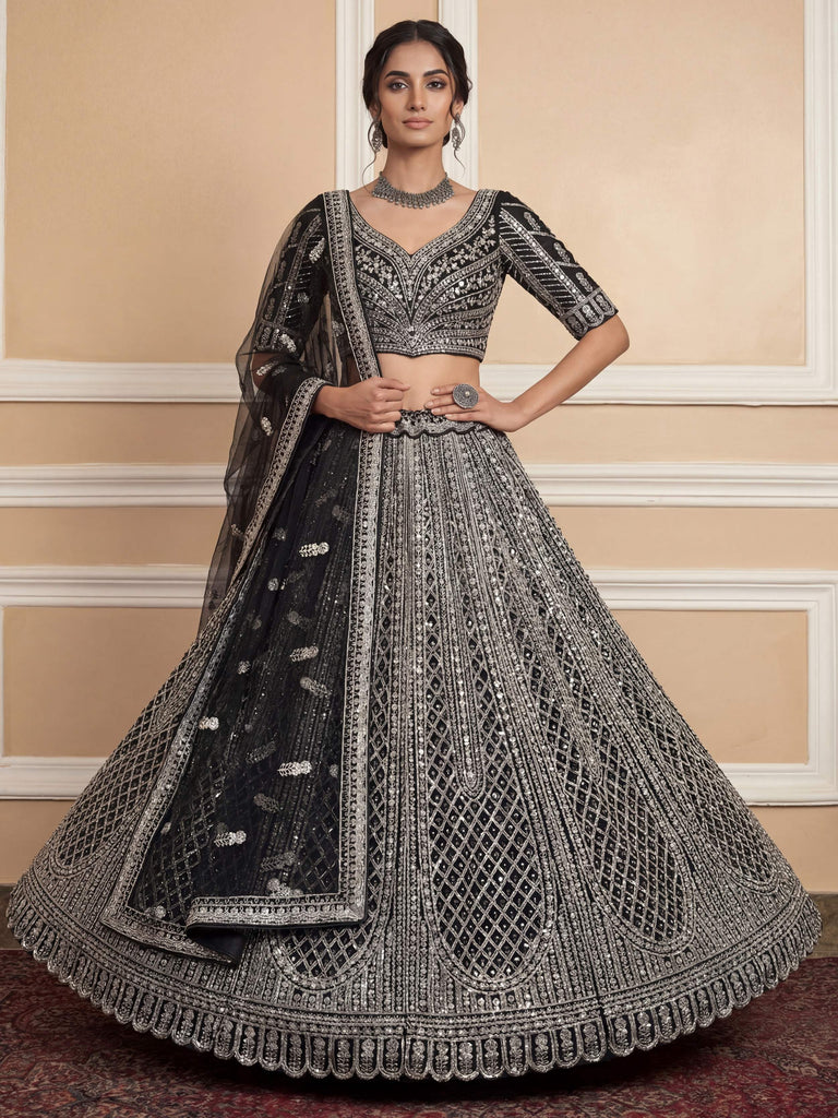 Glamorous Black Sequins Embroidered Net Wedding Wear Lehenga Choli 
