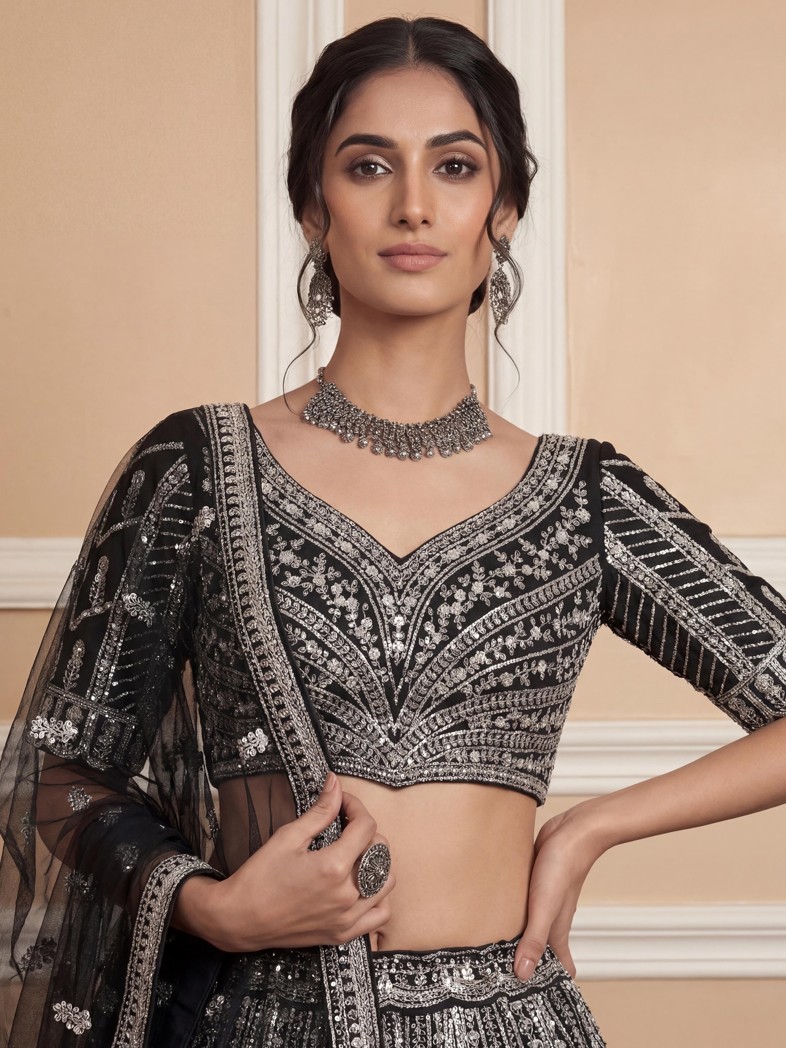 Glamorous Black Sequins Embroidered Net Wedding Wear Lehenga Choli 