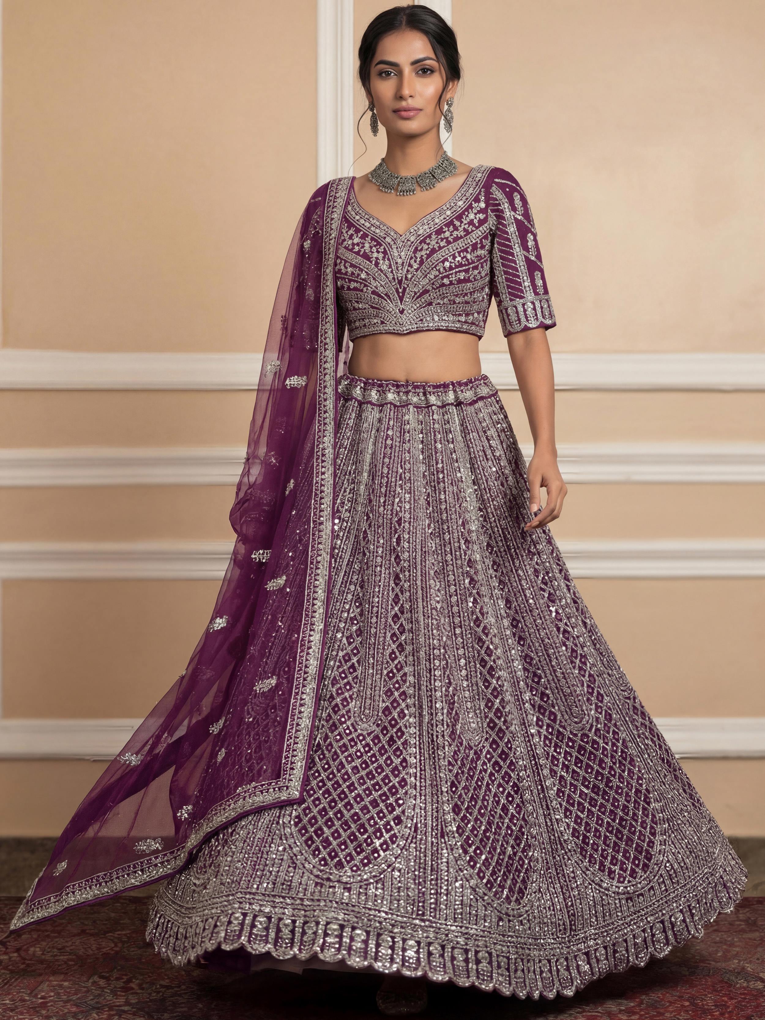 Gorgeous Wine Sequins Embroidered Net Reception Wear Lehenga Choli 