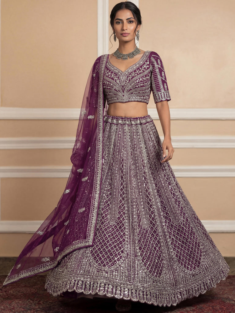 Gorgeous Wine Sequins Embroidered Net Reception Wear Lehenga Choli 