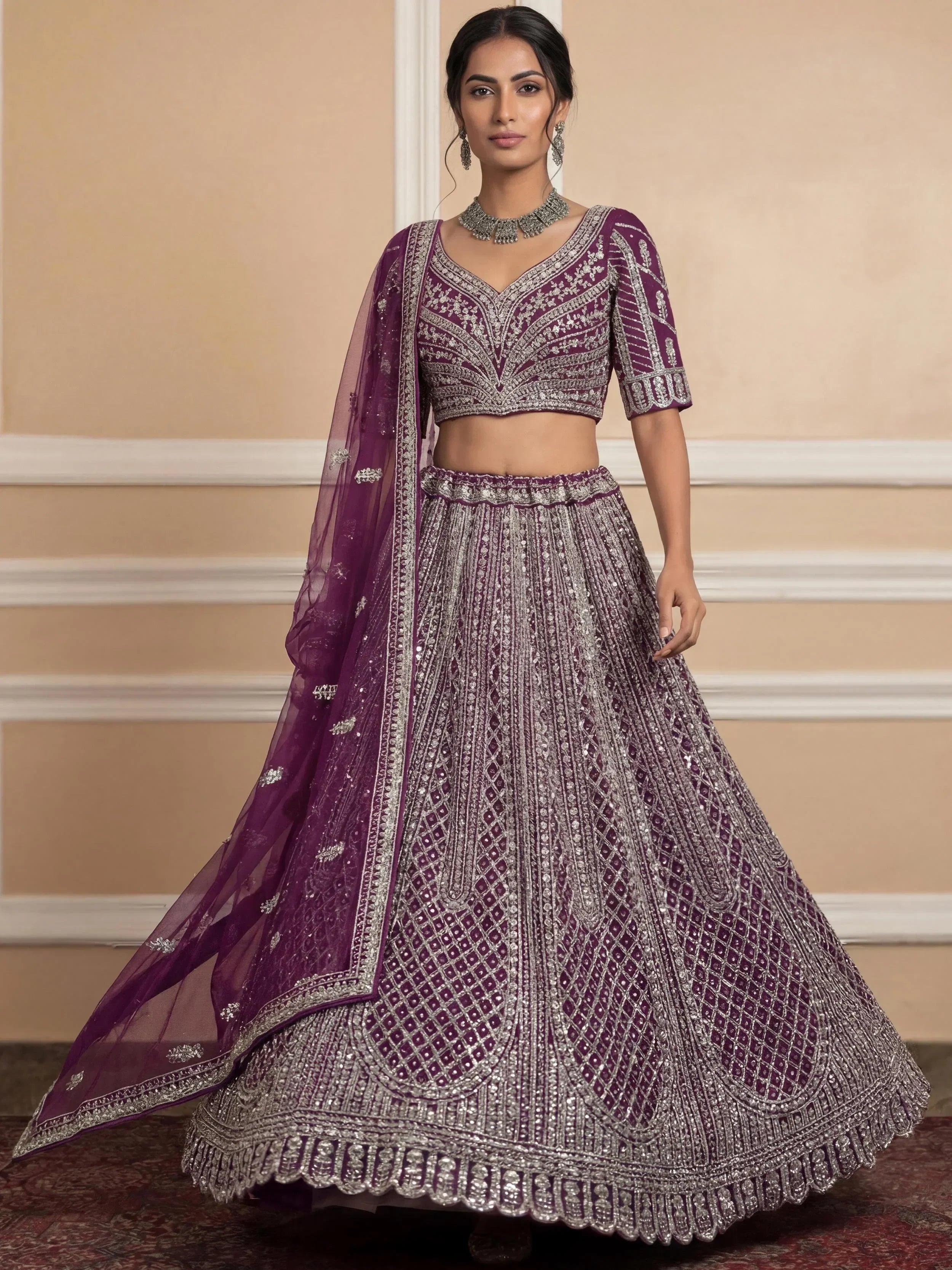 Gorgeous Wine Sequins Embroidered Net Reception Wear Lehenga Choli 