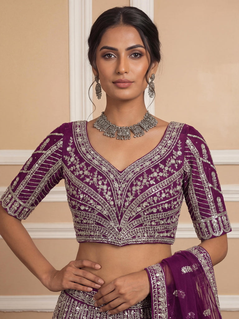 Gorgeous Wine Sequins Embroidered Net Reception Wear Lehenga Choli 