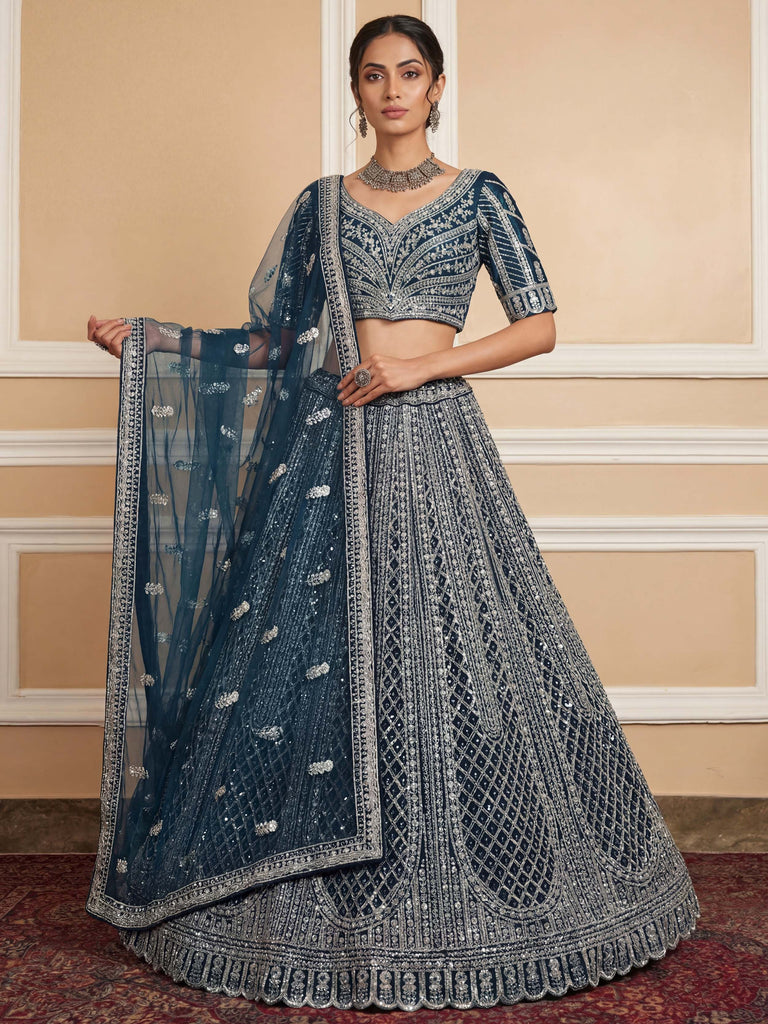 Elegant Blue Sequins Embroidered Net Party Wear Lehenga Choli 