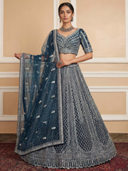 Elegant Blue Sequins Embroidered Net Party Wear Lehenga Choli 