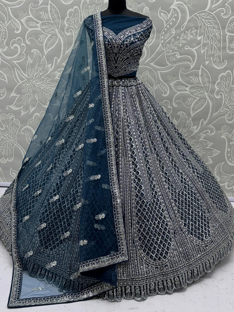 Elegant Blue Sequins Embroidered Net Party Wear Lehenga Choli