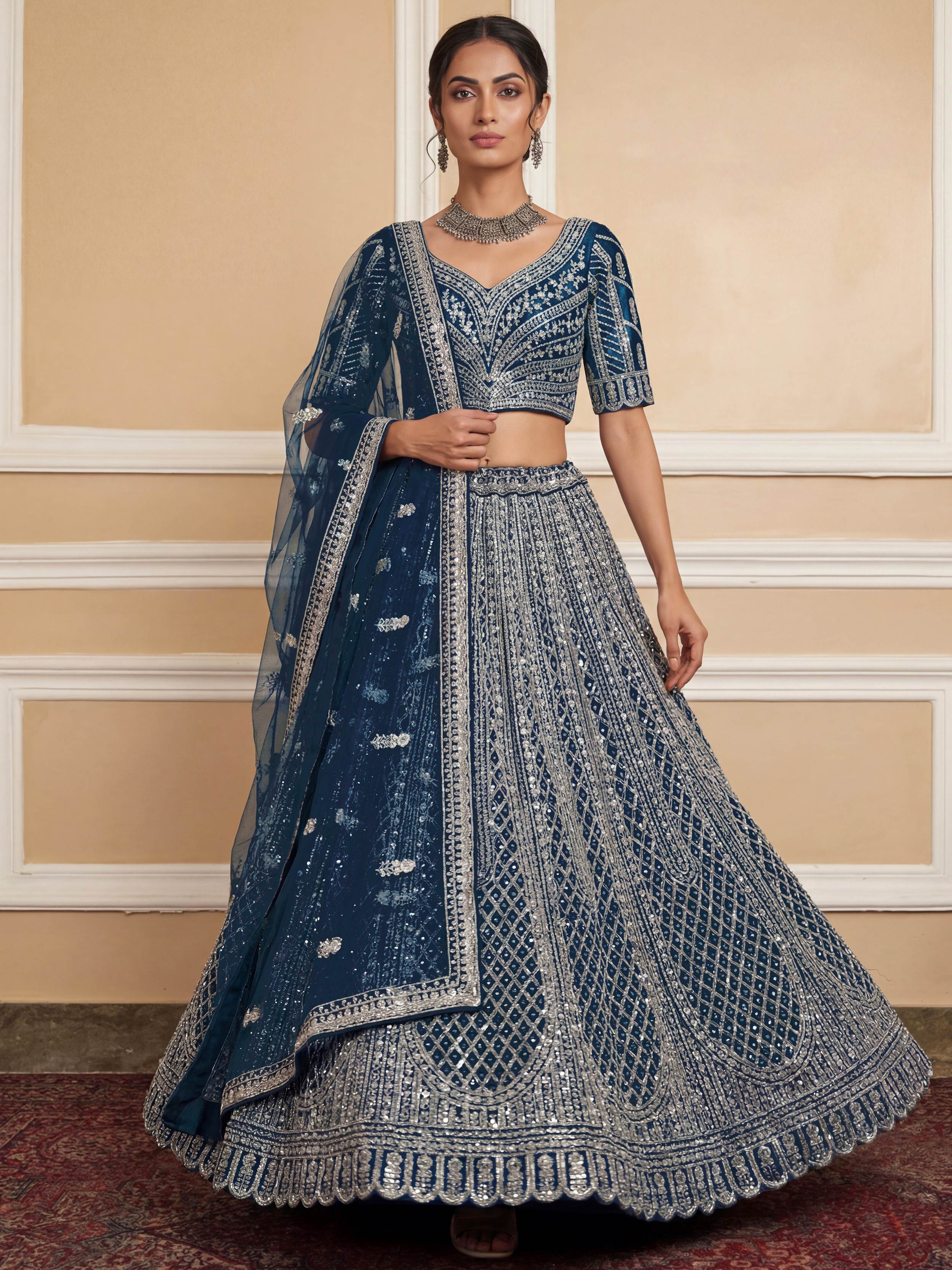 Elegant Blue Sequins Embroidered Net Party Wear Lehenga Choli 