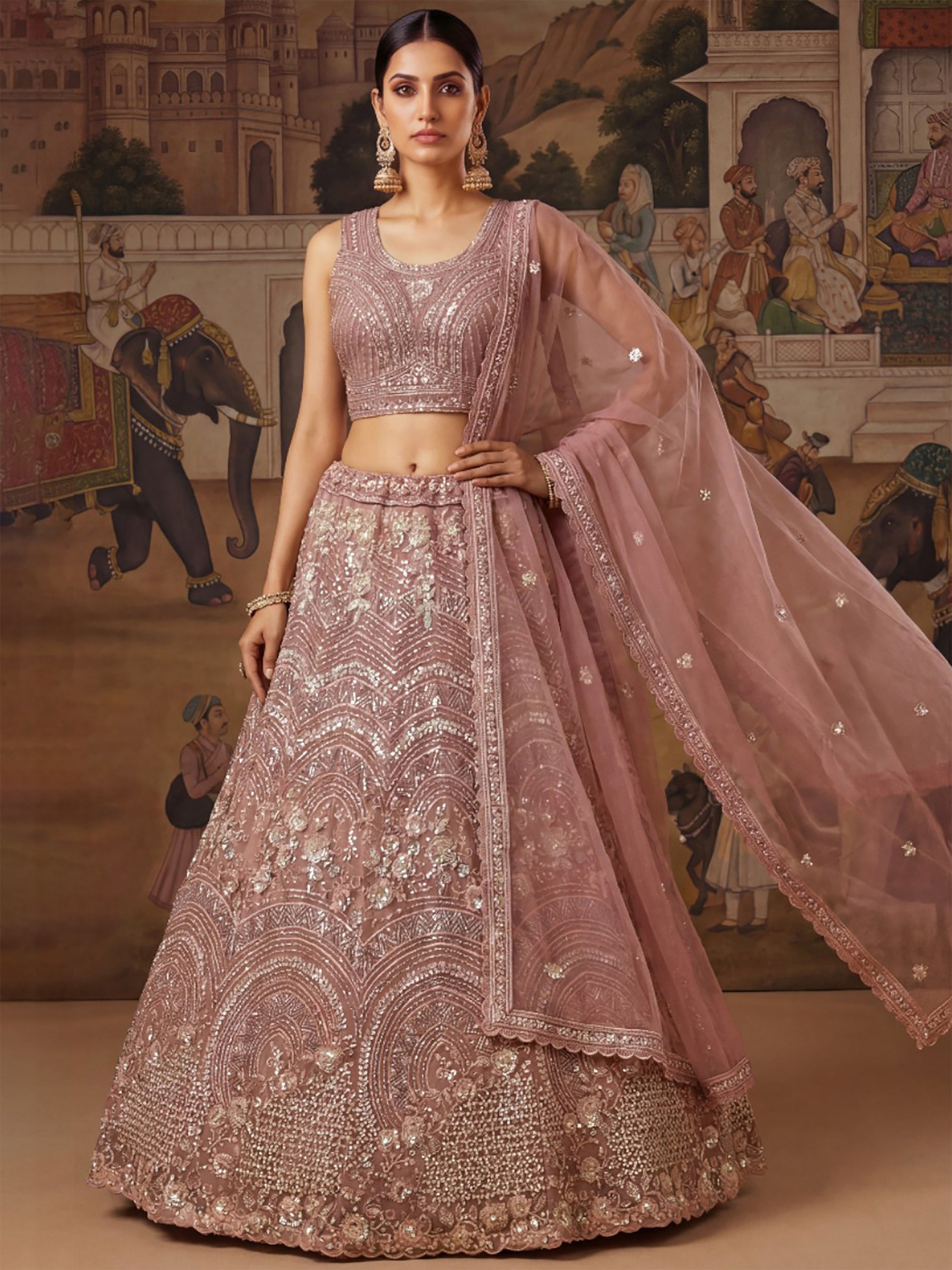 Beautiful Pink Embroidered Net Reception Wear Lehenga Choli