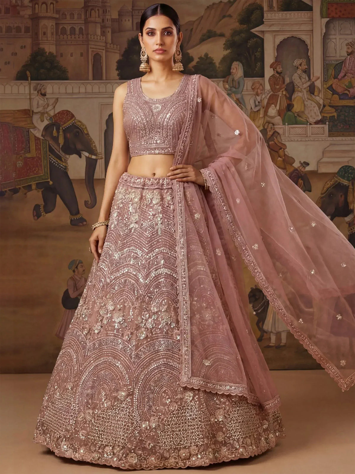 Dusty pink embroidered lehenga choli with dupatta, Indian ethnic wear for weddings and festivals