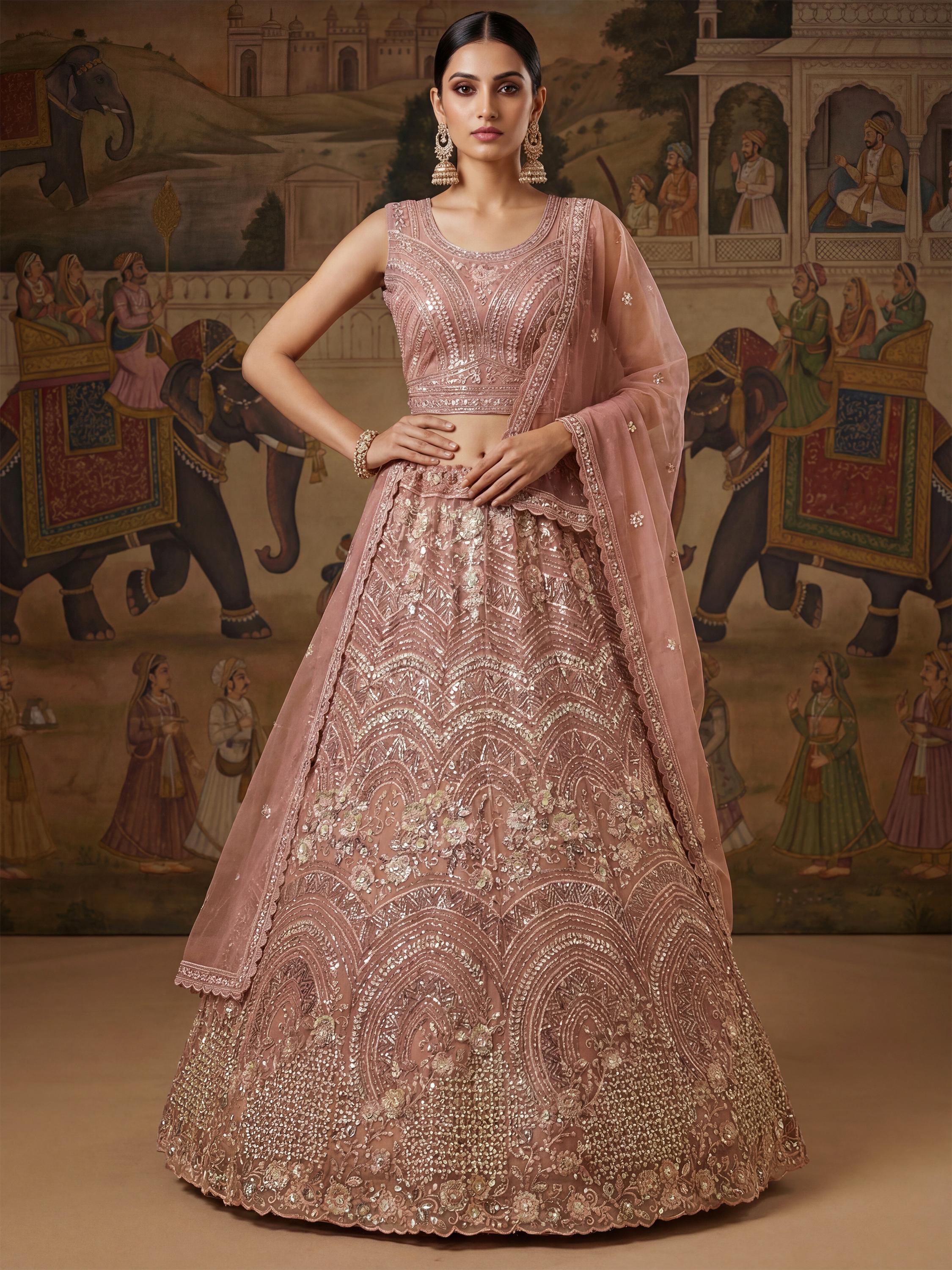 Beautiful Pink Embroidered Net Reception Wear Lehenga Choli