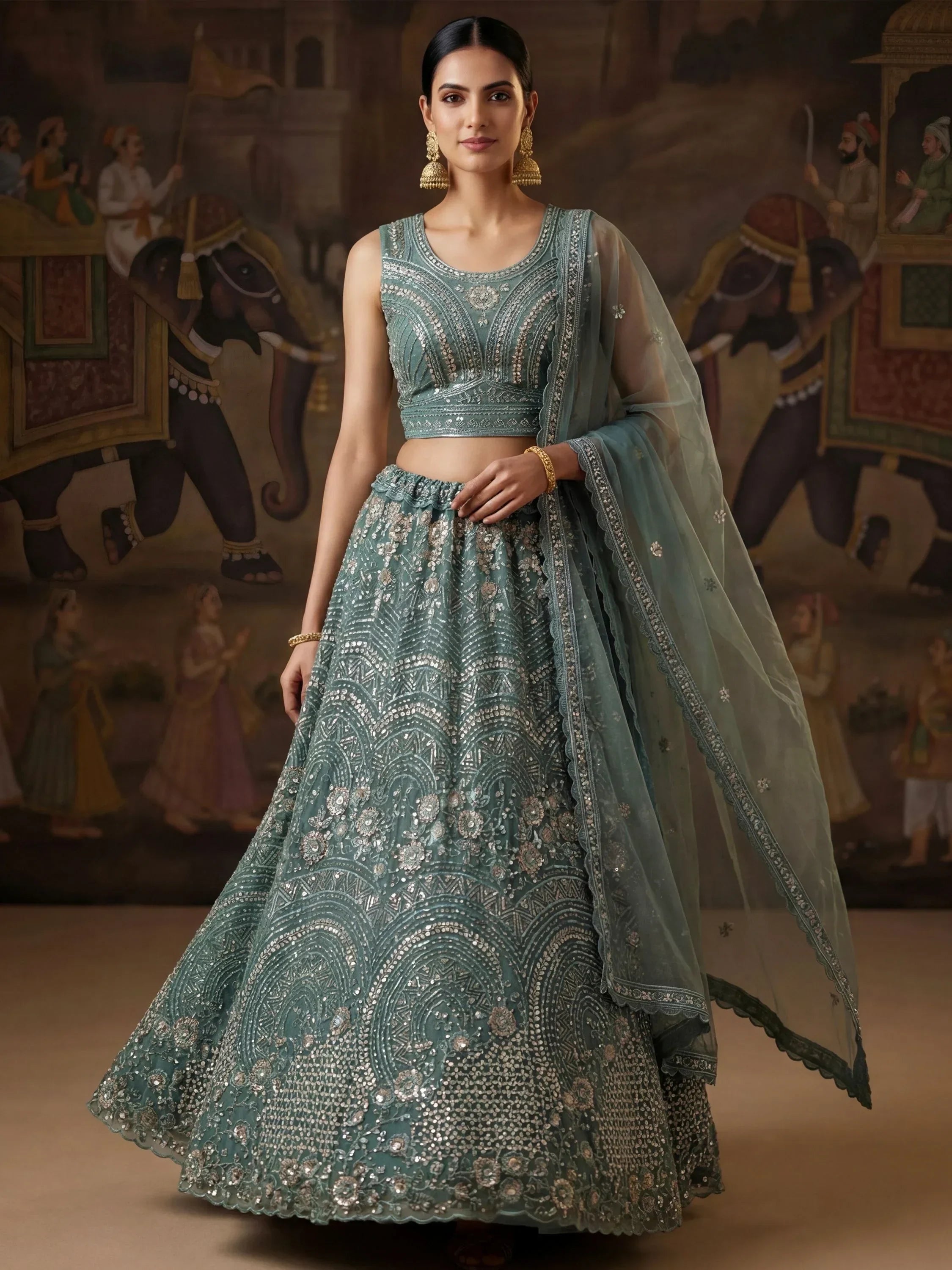 Dazzling Green Embroidered Net Wedding Wear Lehenga Choli
