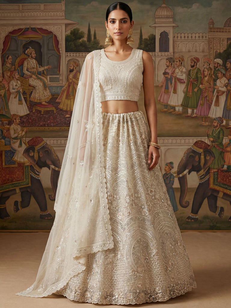 Stunning White Embroidered Net Sangeet Wear Lehenga Choli