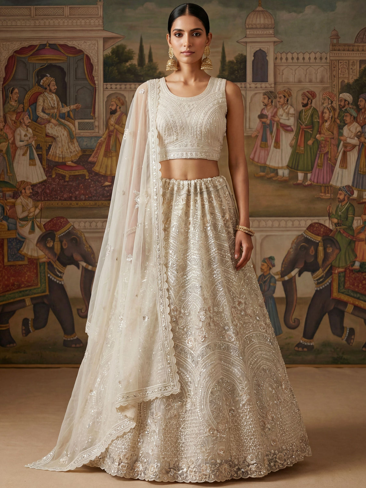 Stunning White Embroidered Net Sangeet Wear Lehenga Choli