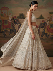 Stunning White Embroidered Net Sangeet Wear Lehenga Choli