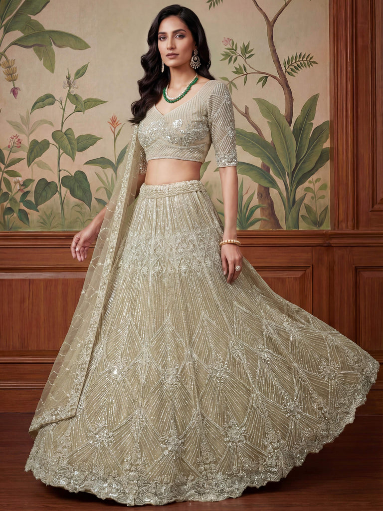 Classic Beige Embroidered Net Engagement Wear Lehenga Choli