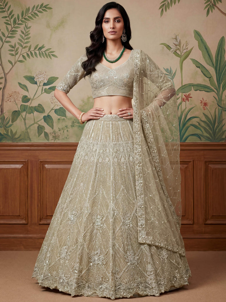 Classic Beige Embroidered Net Engagement Wear Lehenga Choli