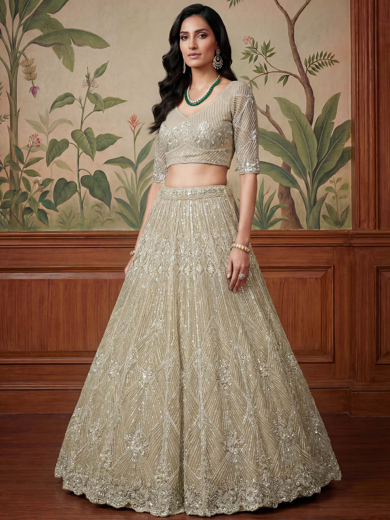 Classic Beige Embroidered Net Engagement Wear Lehenga Choli