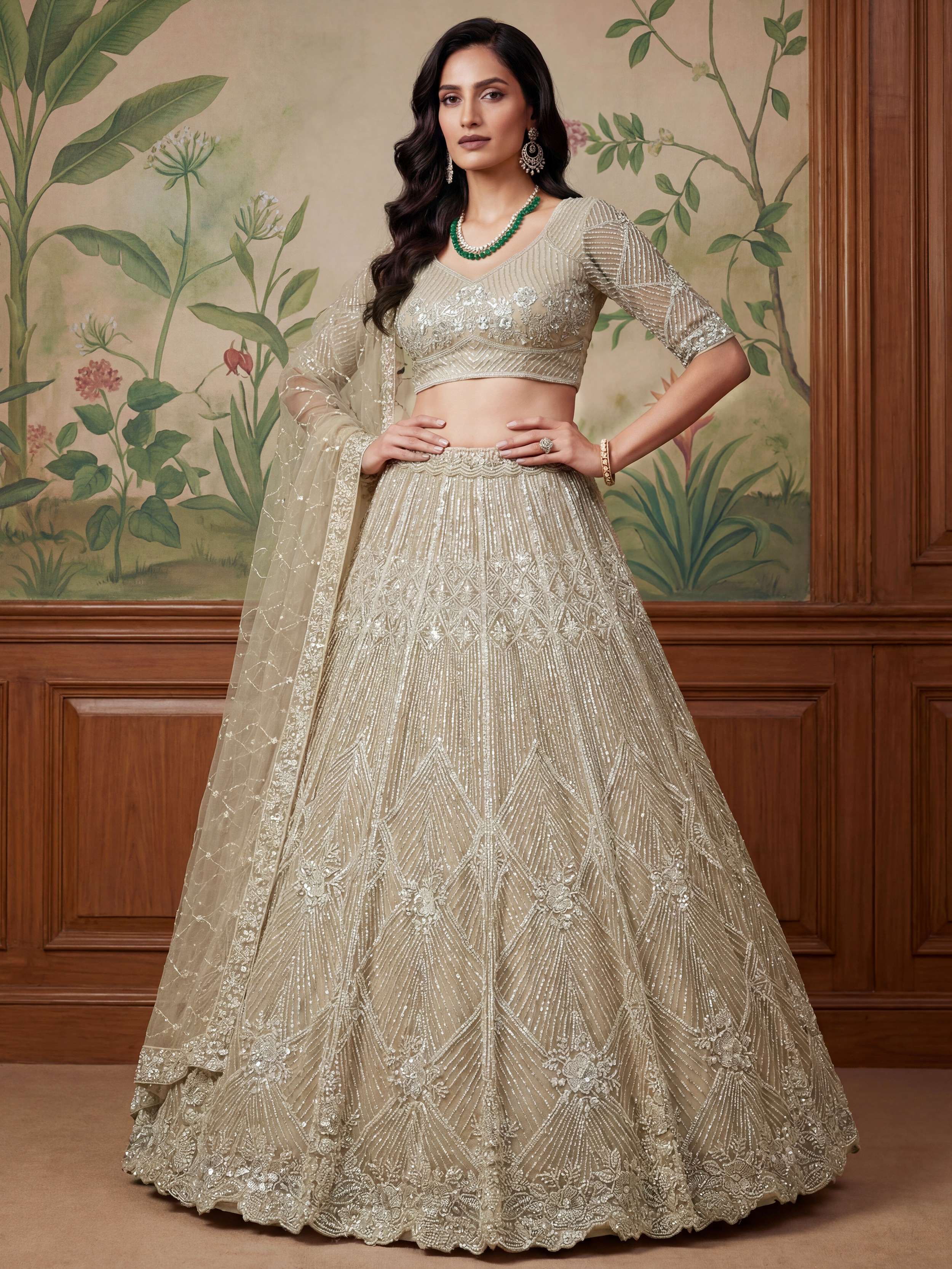Classic Beige Embroidered Net Engagement Wear Lehenga Choli