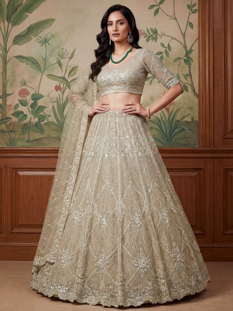 Classic Beige Embroidered Net Engagement Wear Lehenga Choli