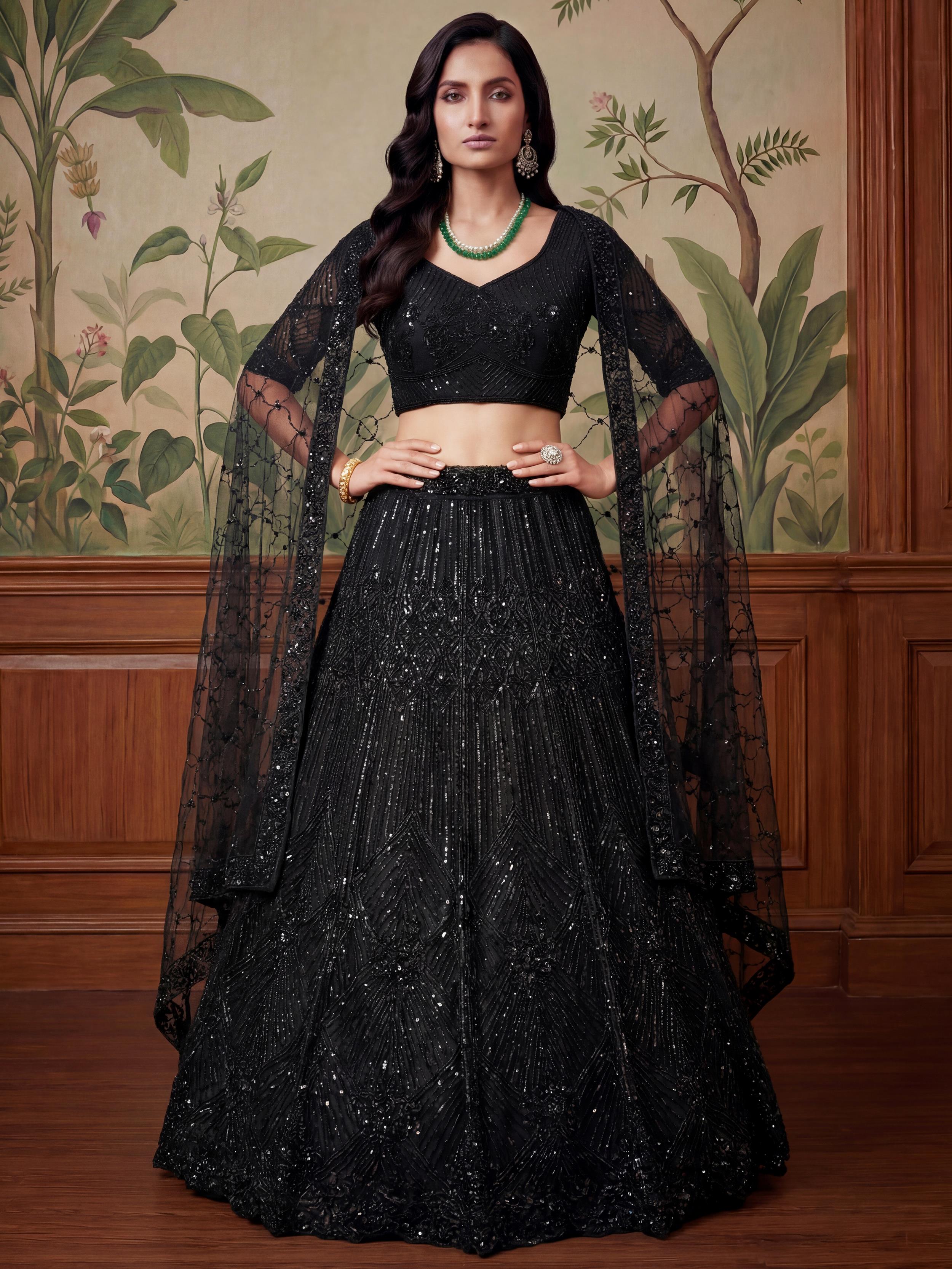 Alluring Black Sequins Embroidered Net Reception Wear Lehenga Choli