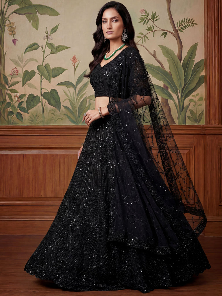 Alluring Black Sequins Embroidered Net Reception Wear Lehenga Choli