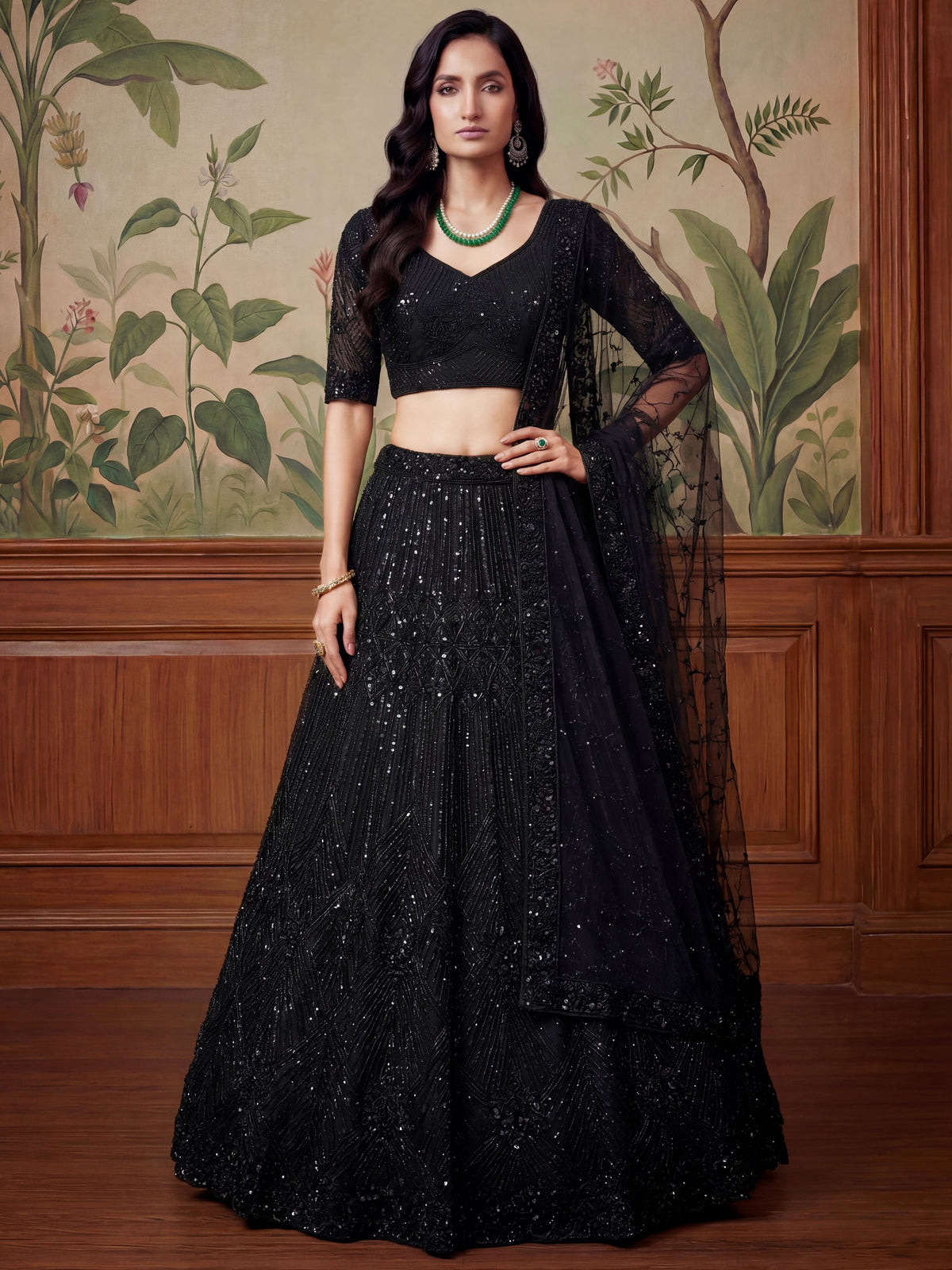 Alluring Black Sequins Embroidered Net Reception Wear Lehenga Choli