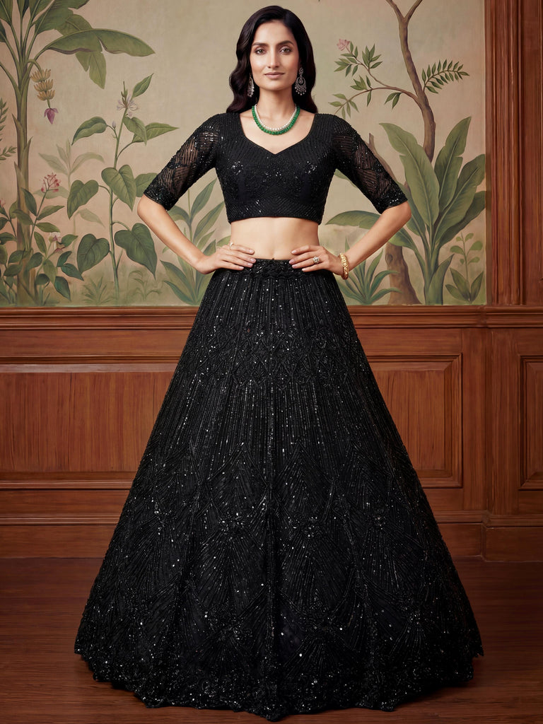 Alluring Black Sequins Embroidered Net Reception Wear Lehenga Choli
