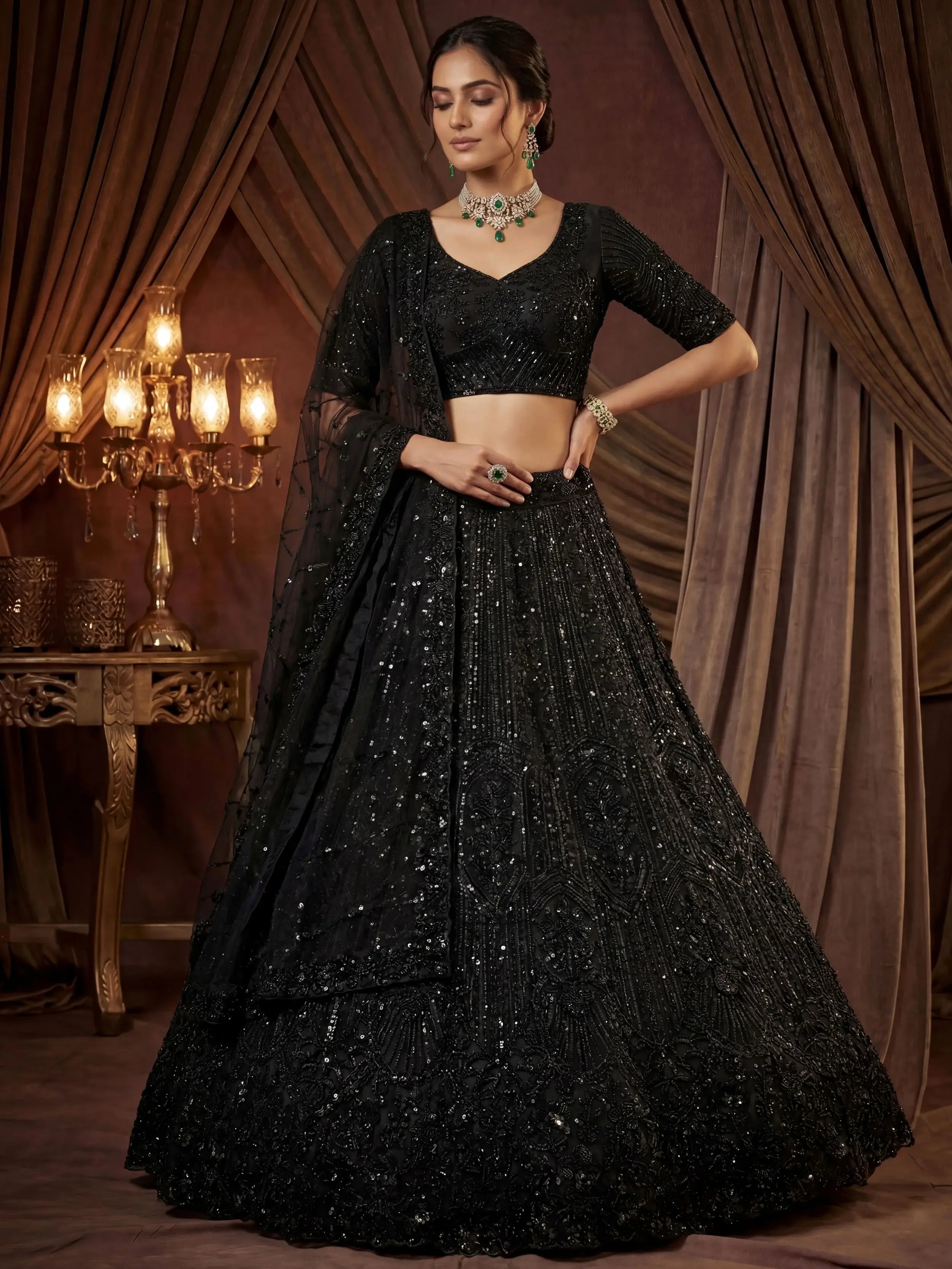 Sparkling Black Embroidered Net Reception Wear Lehenga Choli