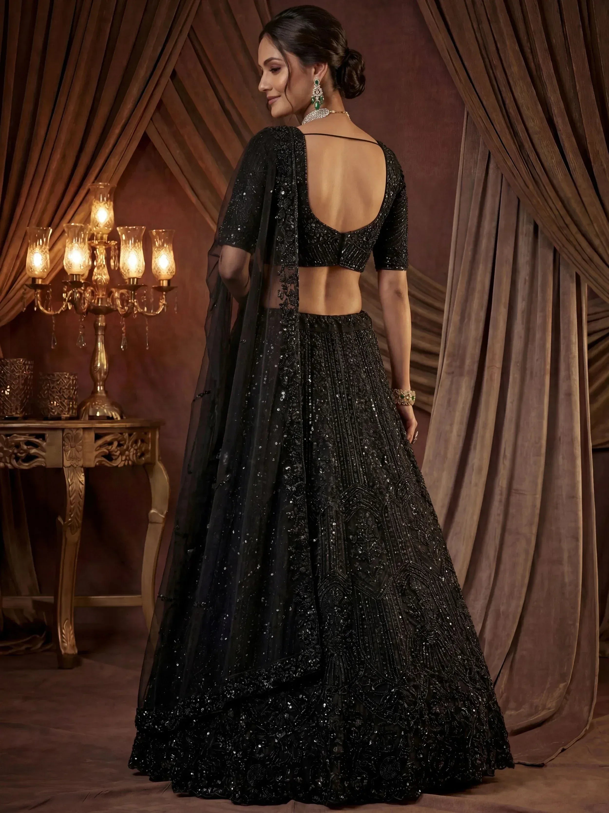 Sparkling Black Embroidered Net Reception Wear Lehenga Choli