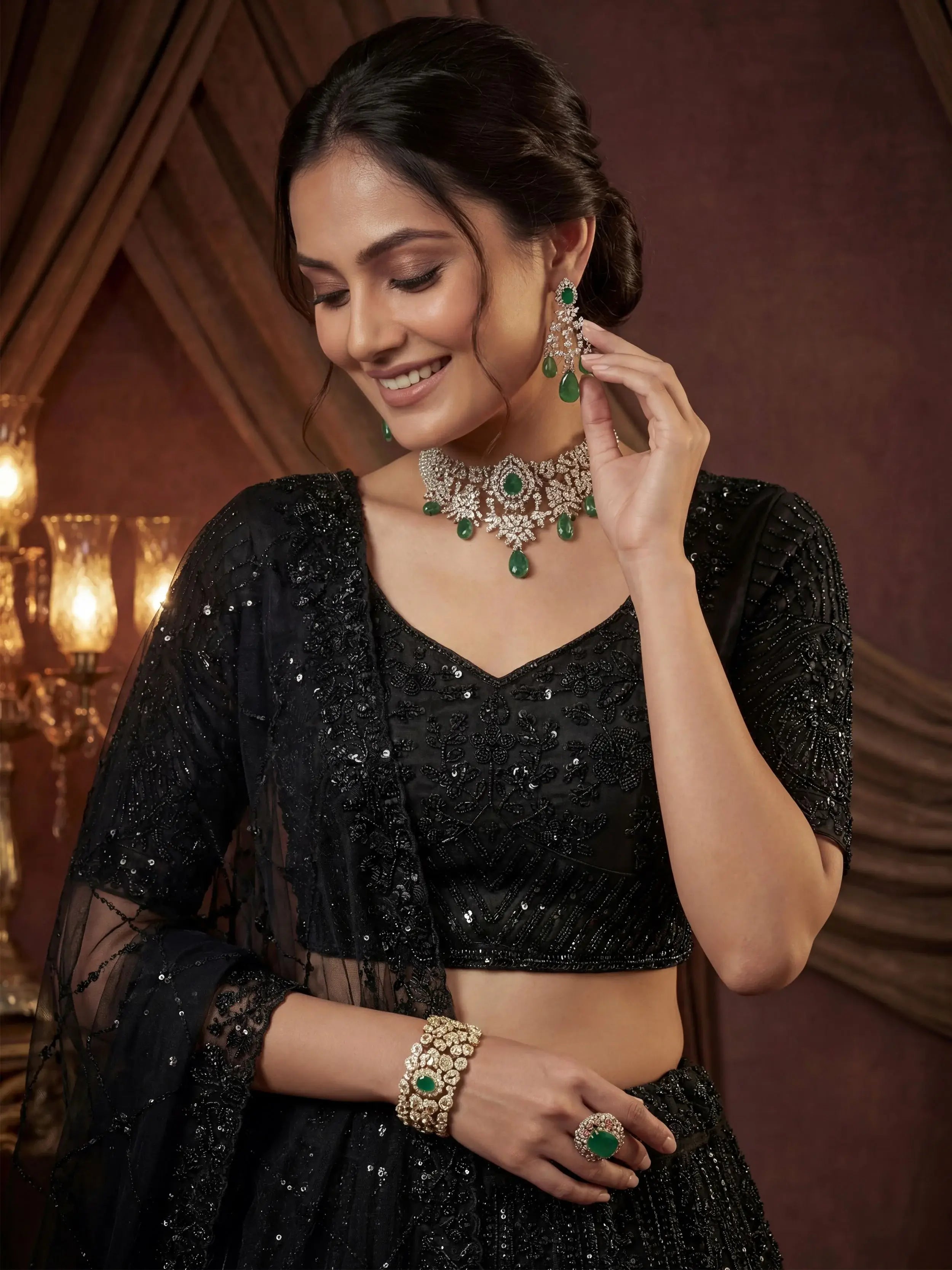 Sparkling Black Embroidered Net Reception Wear Lehenga Choli