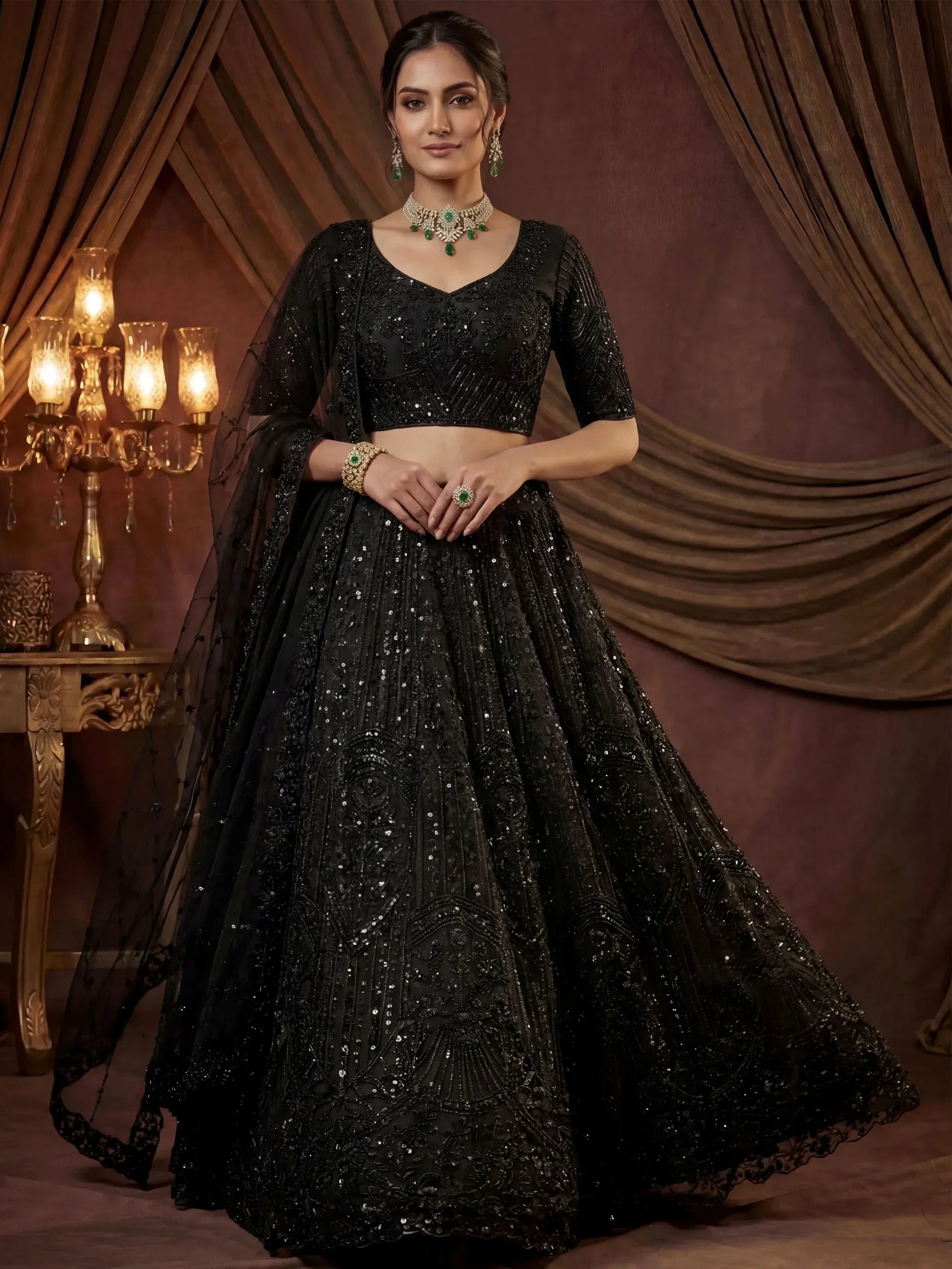 Sparkling Black Embroidered Net Reception Wear Lehenga Choli