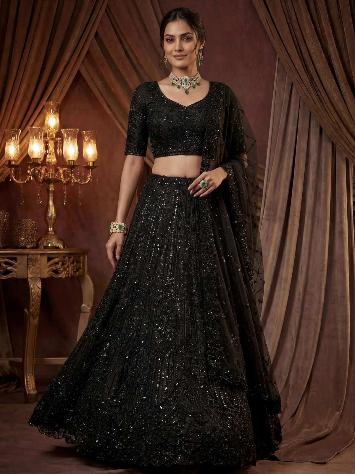 Sparkling Black Embroidered Net Reception Wear Lehenga Choli